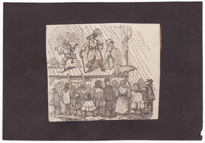 [performers and audience in rain]